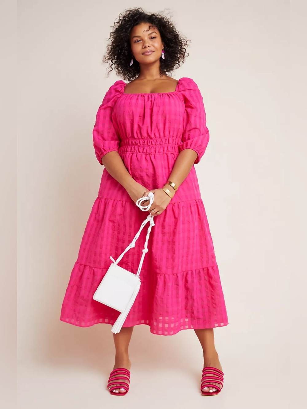 Maeve Anthropologie Francesca Pink Smocked Tiered Midi Dress Cottagecore 3X